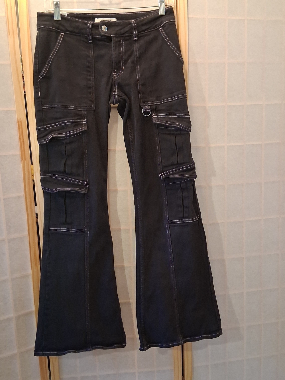 Women's Black Cargo Flare Jeans with Contrast Stitching